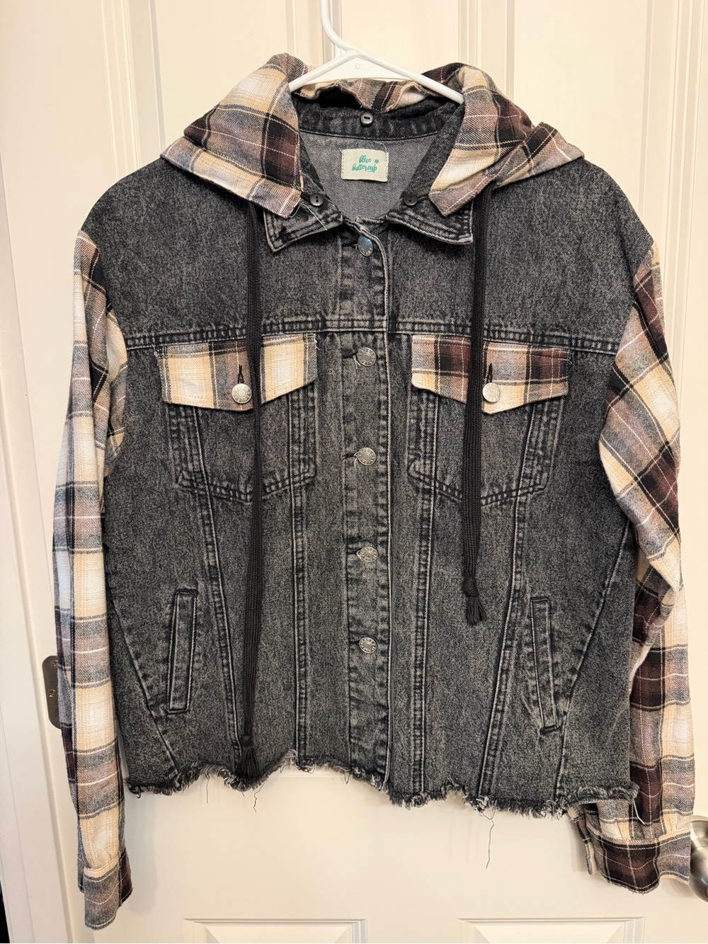 Women's Washed Black Denim Jacket with Plaid Hood and Sleeves